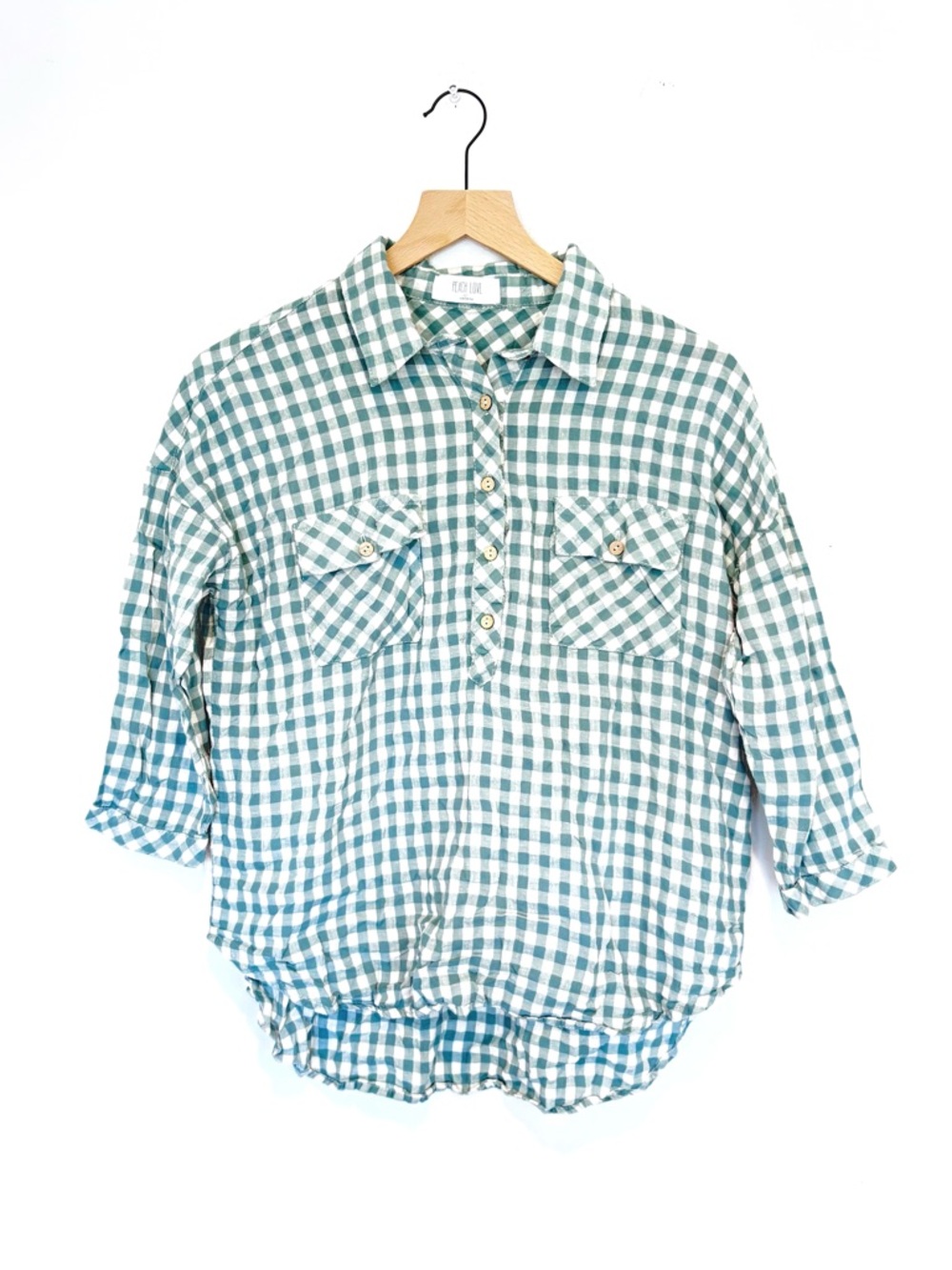 linen gingham quarter sleeve button up - peach love California plaid cropped - S